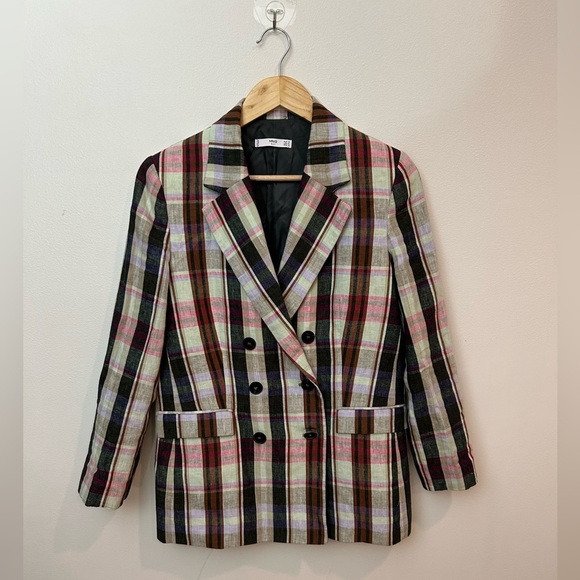 MANGO plaid double breasted linen/cotton blend blazer size S - Picture 5 of 8